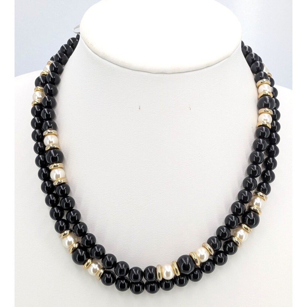 Napier Vintage Black Bead Faux Pearl Gold Tone 36 in Long Necklace Signed 43 g